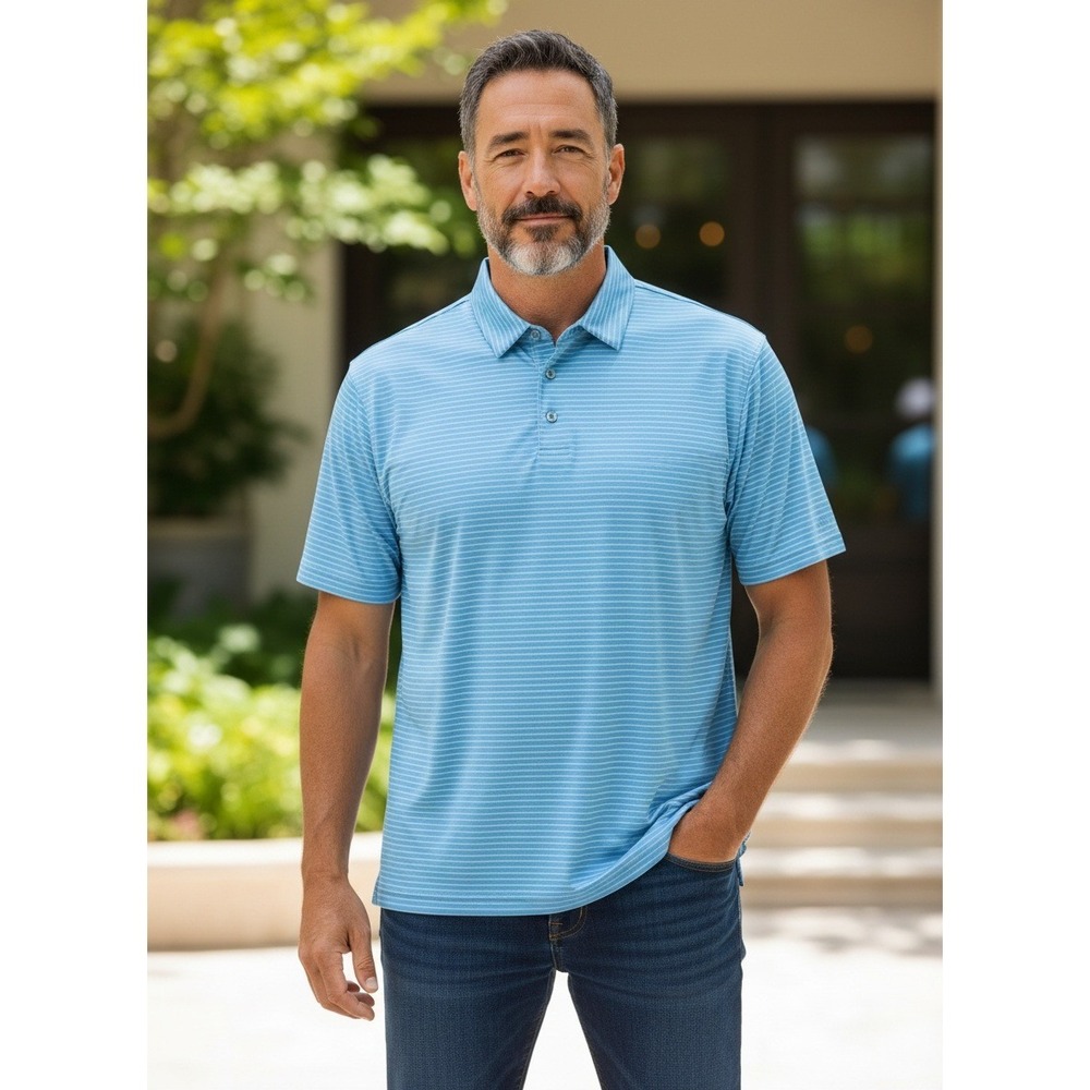 Ben Hogan Polo Shirt XL Blue Striped Short Sleeve Moisture Wicking‎ Stretch Men